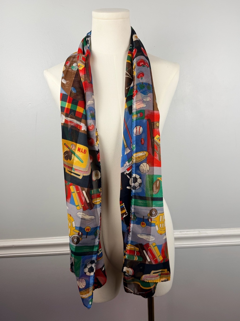 Vintage polyester scarf school teacher themed with school bus, lunch box, etc